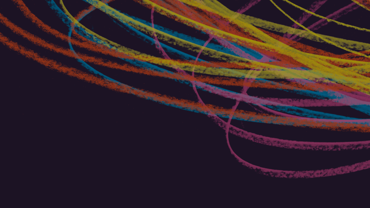 Visuel clé de la Foire d'automne de Bâle avec des traits de craie colorés et circulaires sur un fond sombre.