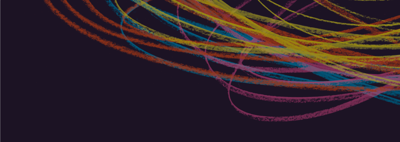 Visuel clé de la Foire d'automne de Bâle avec des traits de craie colorés et circulaires sur un fond sombre.