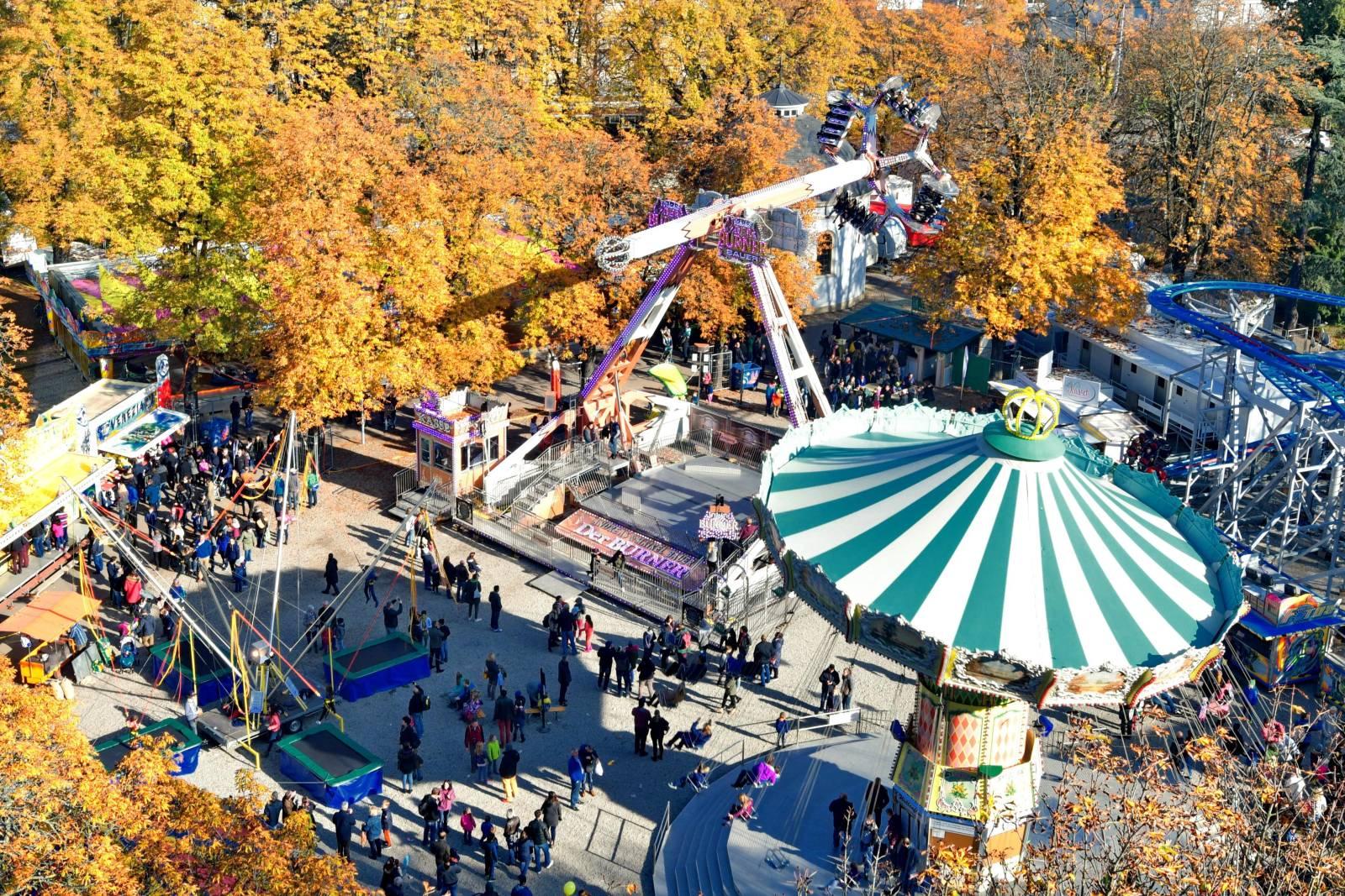 View from above the Rosentalanlage, surrounded by trees bedecked in autumn yellow foliage, with a revolving chain carousel, trampoline and other rides.